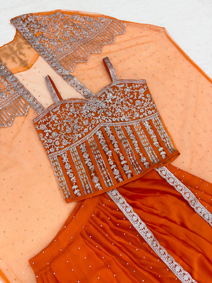 Festive Wear Orange Net With Embroidery Sequins Work Indowestern