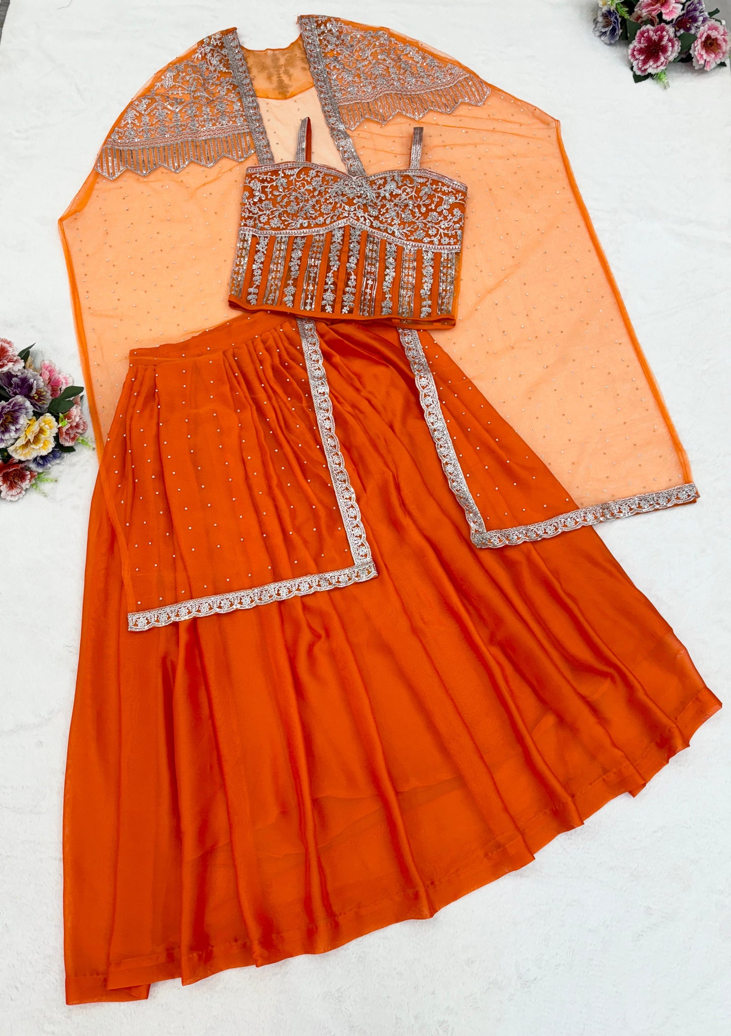 Festive Wear Orange Net With Embroidery Sequins Work Indowestern