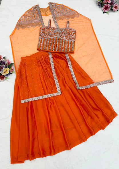 Festive Wear Orange Net With Embroidery Sequins Work Indowestern