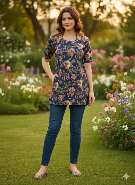 Navy Blue Floral Printed Straight Kurti Top for Daily Wear