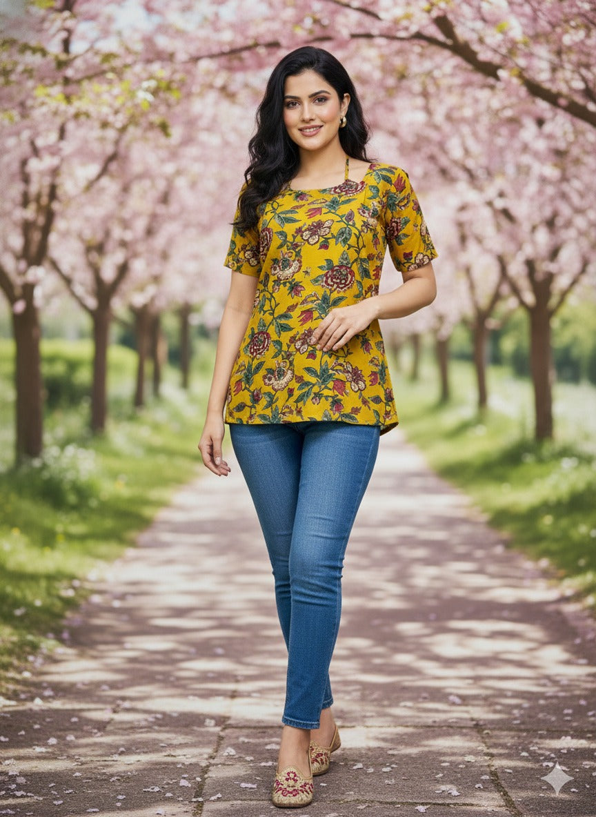 Mustard Yellow Printed Cotton Straight Kurti Top