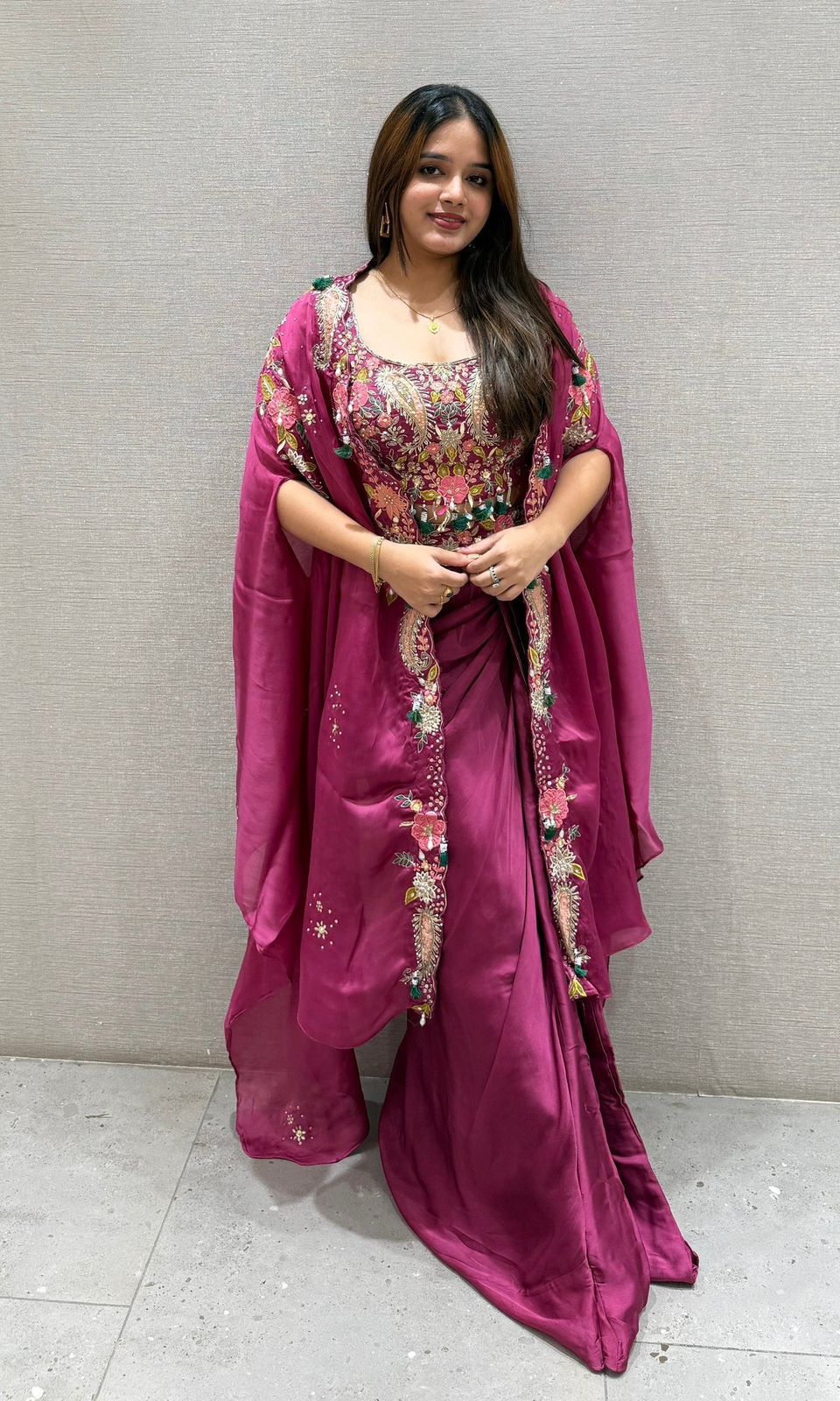 Pink Floral Embroidered Indowestern Dress For Women