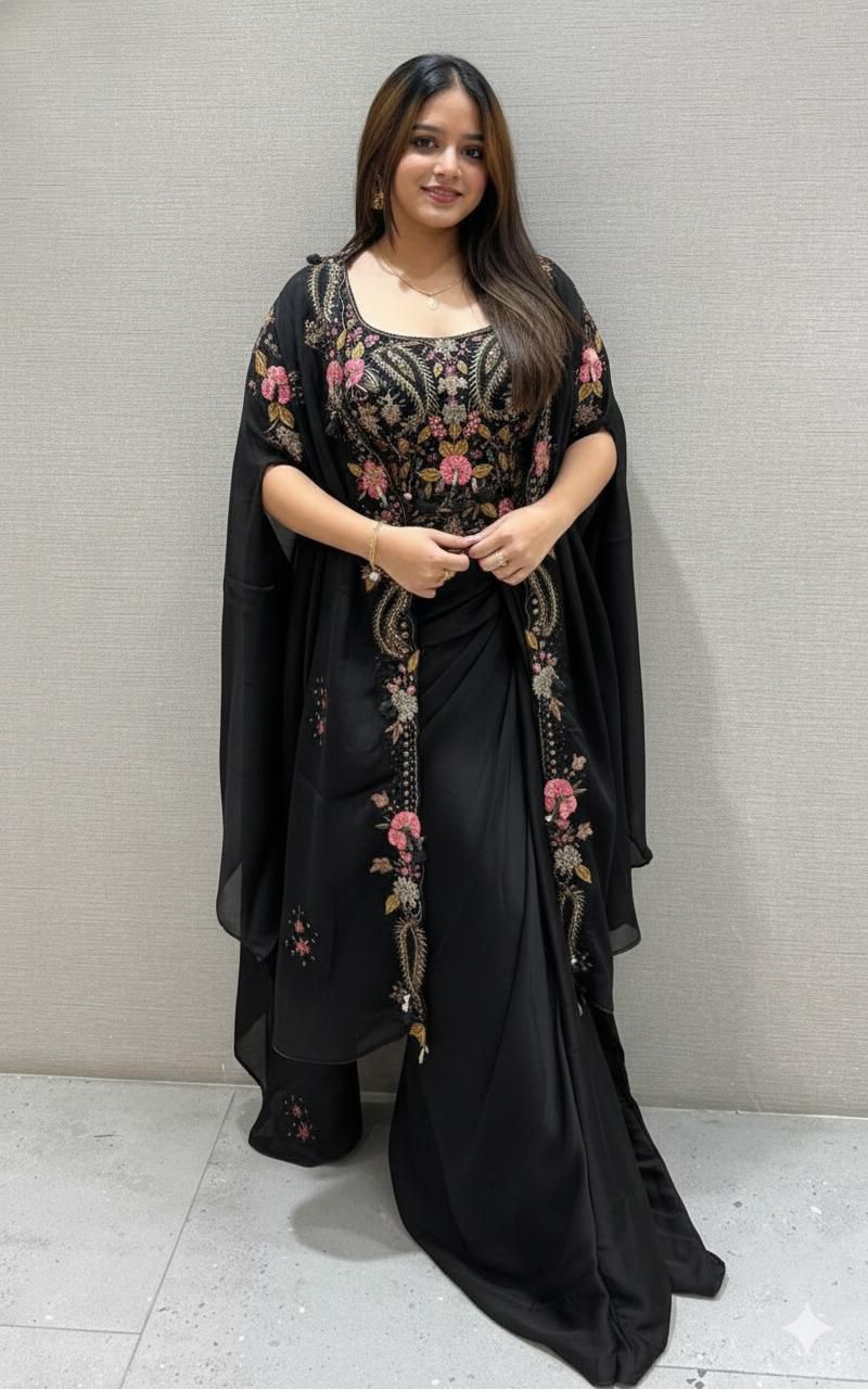 Elegant Black Embroidered Dhoti Style Indowestern