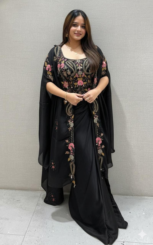 Elegant Black Embroidered Dhoti Style Indowestern