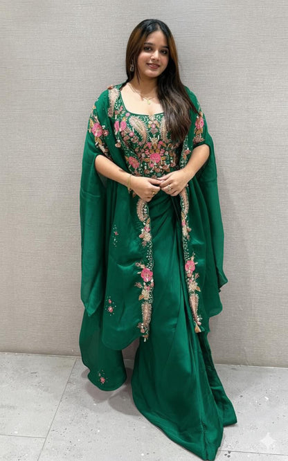 Green Floral Embroidered Dhoti Style Indo-Western Outfit