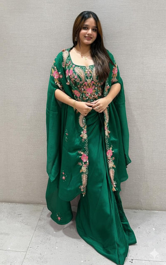 Green Floral Embroidered Dhoti Style Indo-Western Outfit