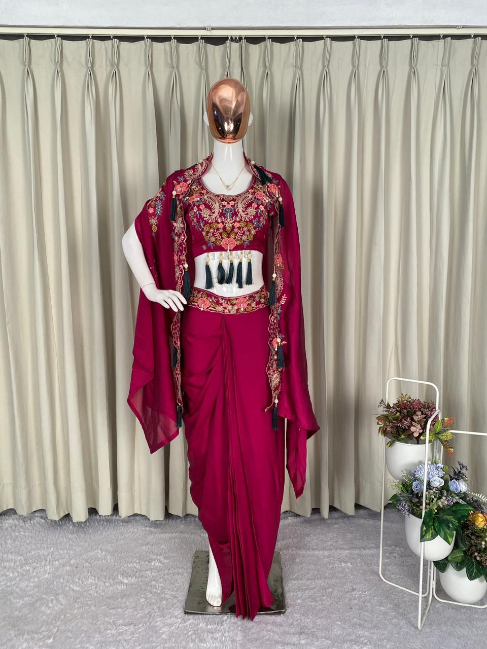 Pink Floral Embroidered Indowestern Dress For Women