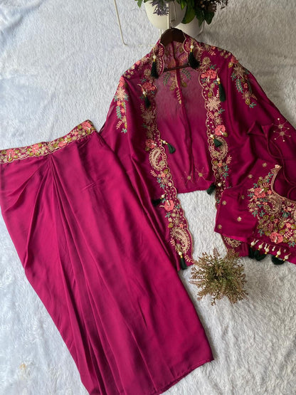 Pink Floral Embroidered Indowestern Dress For Women
