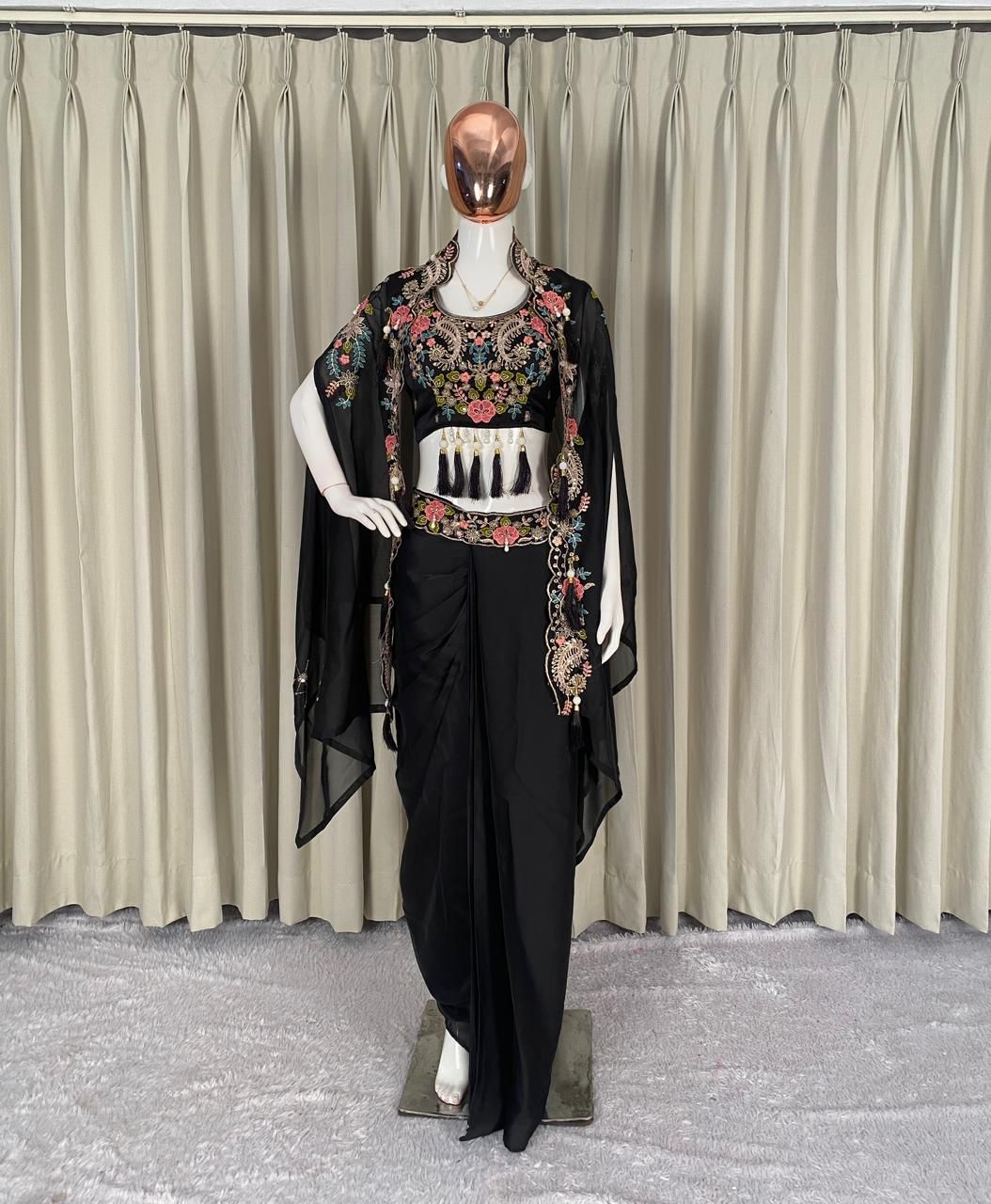 Elegant Black Embroidered Dhoti Style Indowestern