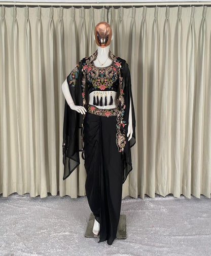 Elegant Black Embroidered Dhoti Style Indowestern