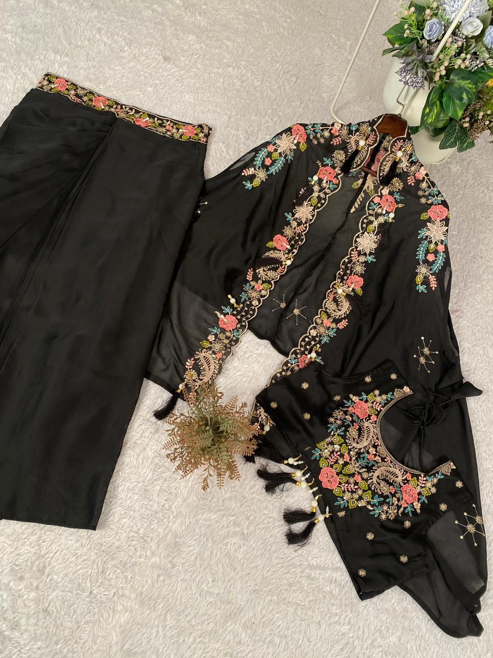 Elegant Black Embroidered Dhoti Style Indowestern