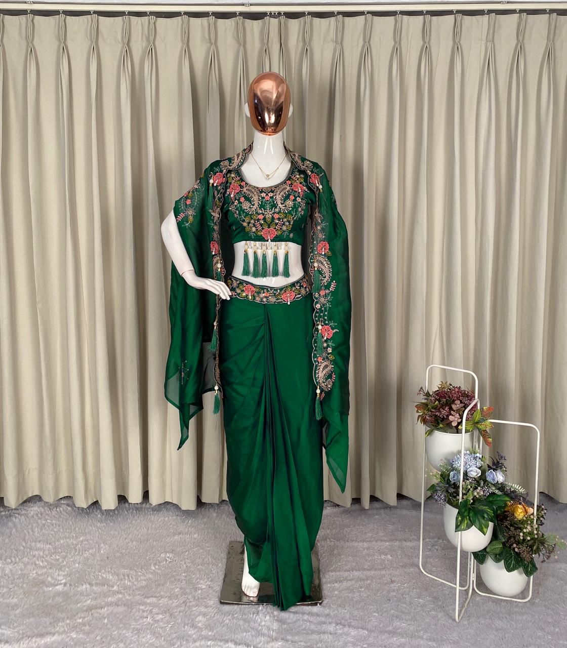 Green Floral Embroidered Dhoti Style Indo-Western Outfit