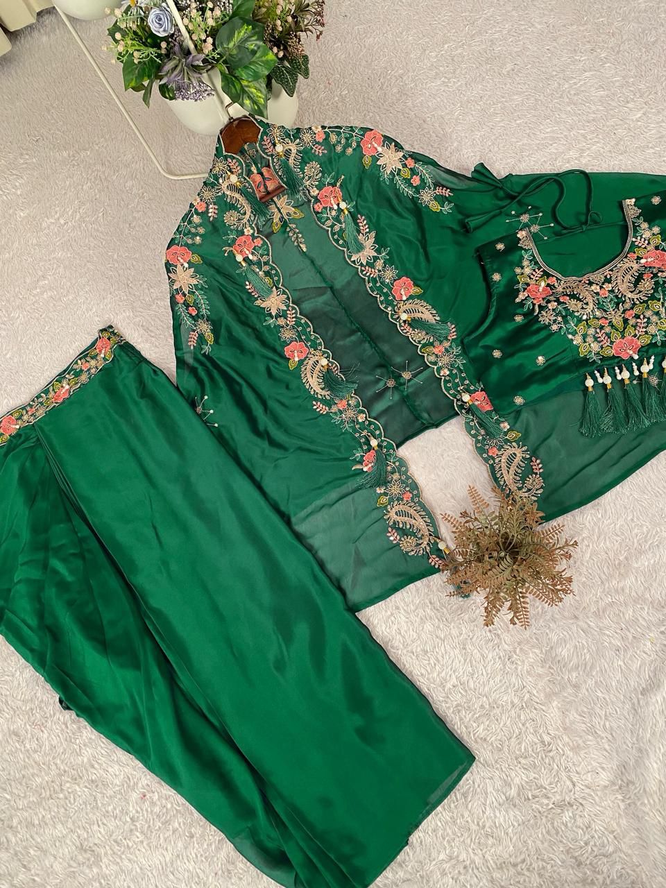 Green Floral Embroidered Dhoti Style Indo-Western Outfit