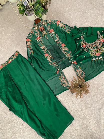 Green Floral Embroidered Dhoti Style Indo-Western Outfit