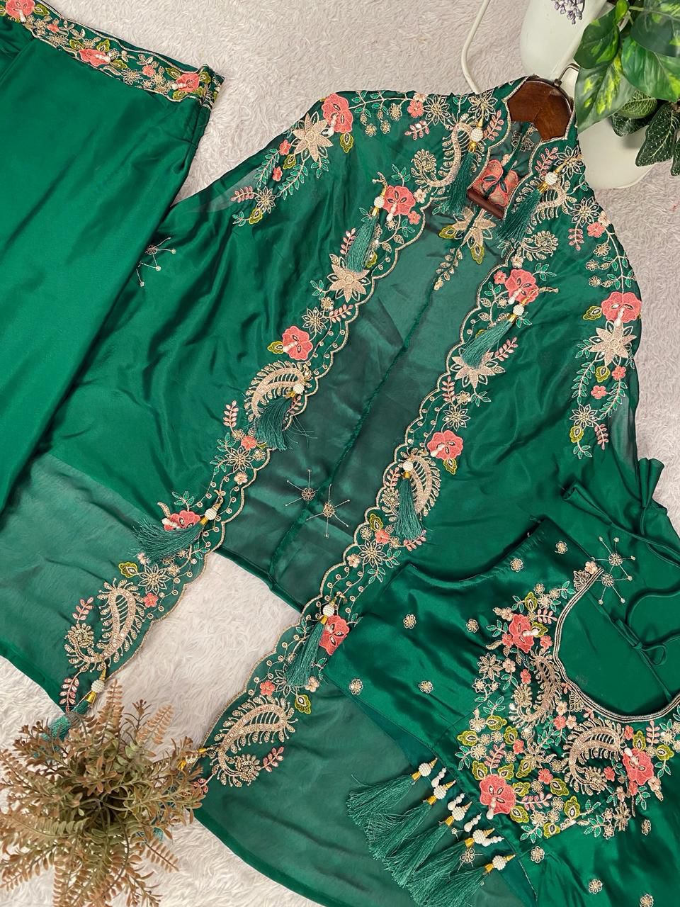 Green Floral Embroidered Dhoti Style Indo-Western Outfit