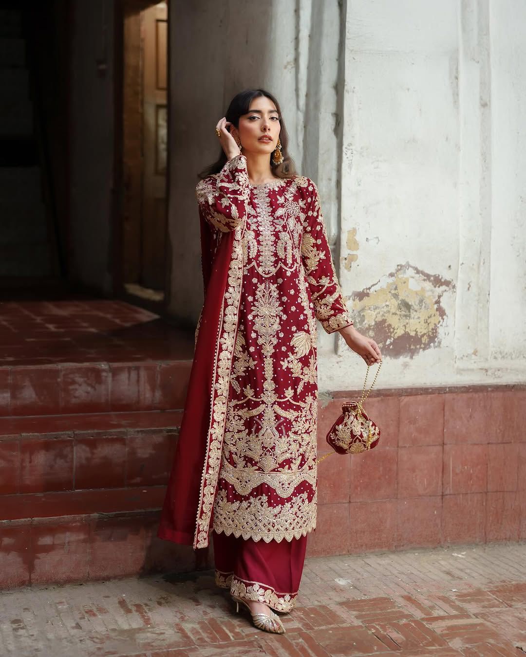 Red Embroidered Pakistani Salwar Kameez with Palazzo