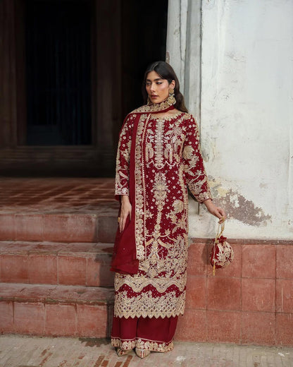 Red Embroidered Pakistani Salwar Kameez with Palazzo