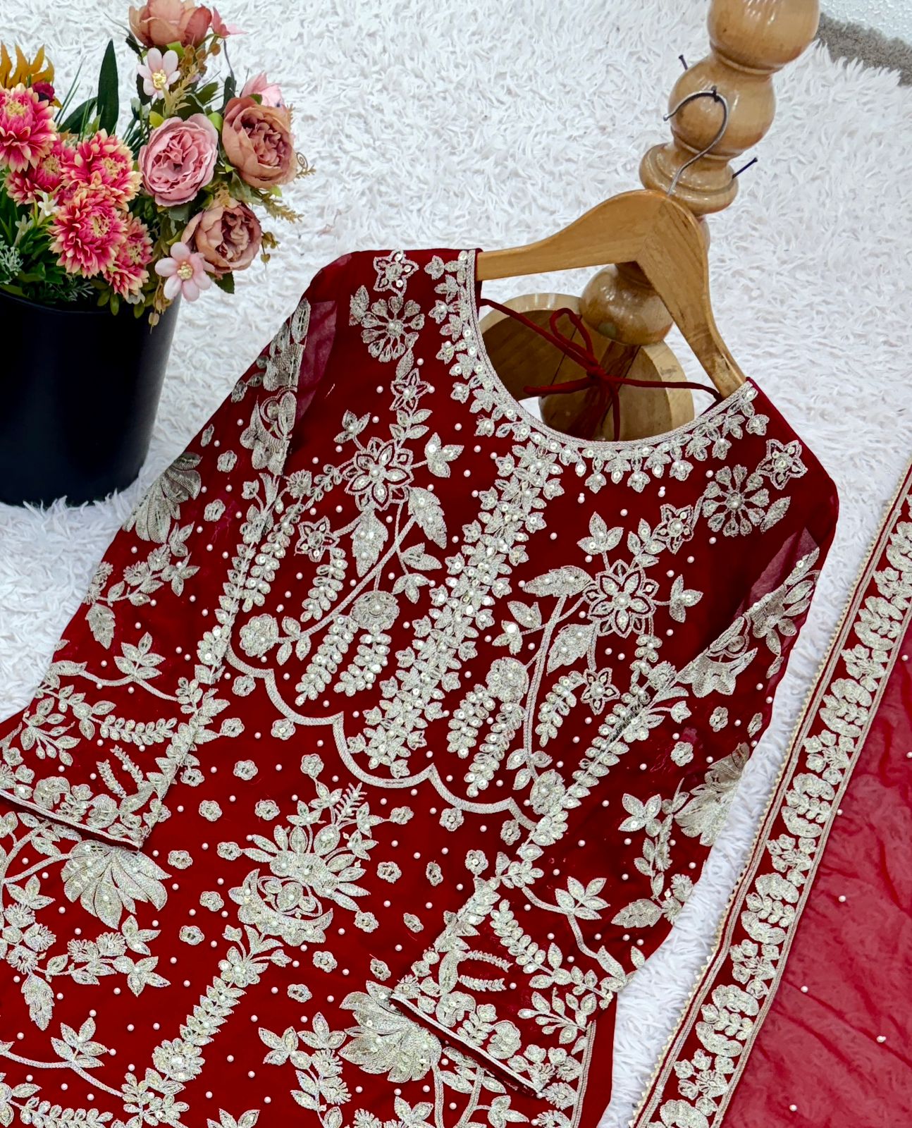 Red Embroidered Pakistani Salwar Kameez with Palazzo