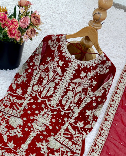 Red Embroidered Pakistani Salwar Kameez with Palazzo