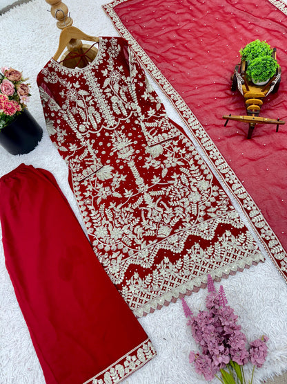 Red Embroidered Pakistani Salwar Kameez with Palazzo