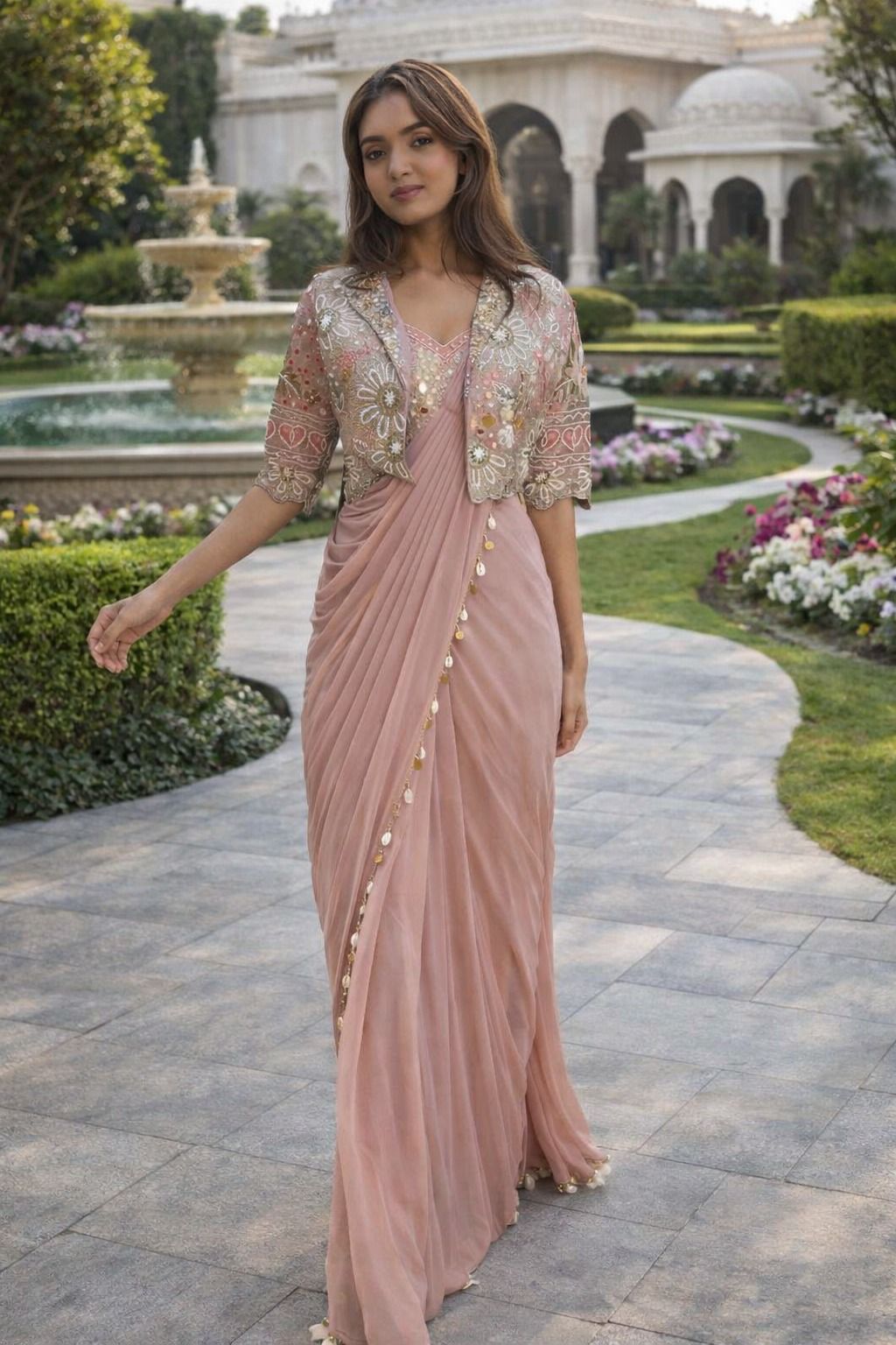 Pink Elegance Designer Crepe Silk Sarees With Jacket