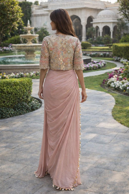 Pink Elegance Designer Crepe Silk Sarees With Jacket