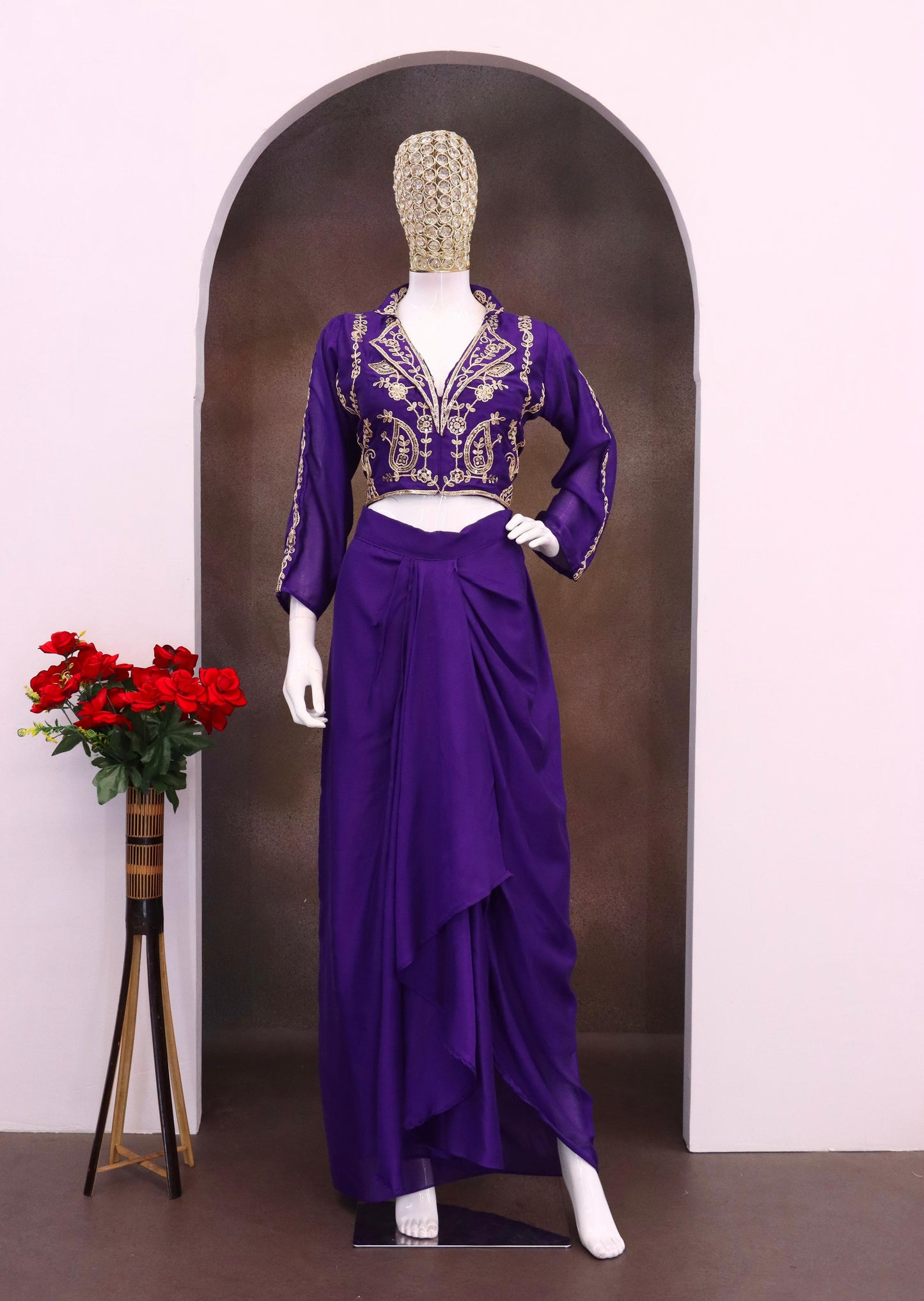 Designer purple chinon silk dhoti indowestern two-piece set with sequins embroidery