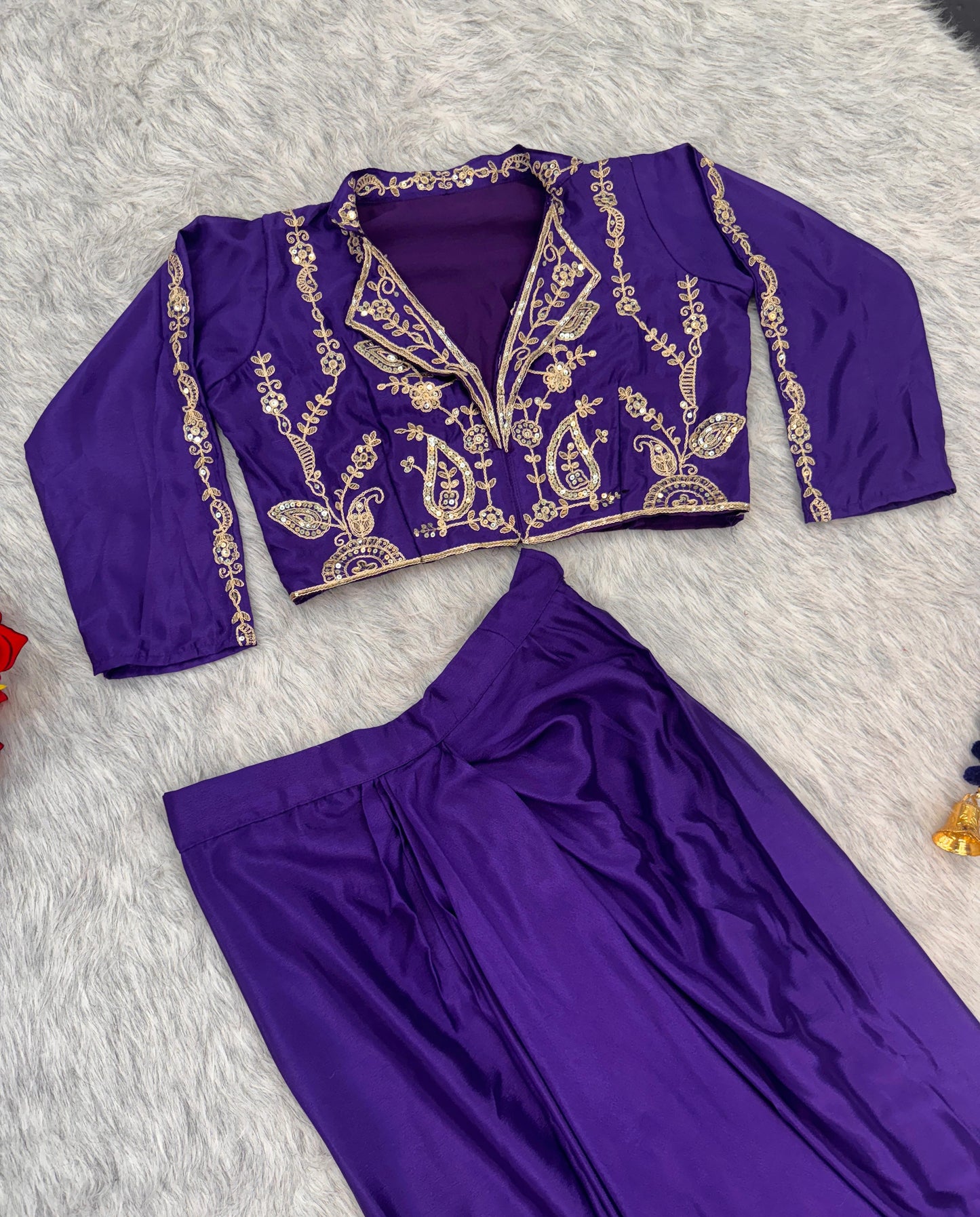 Designer purple Chinon silk fully stitched dhoti Indowestern set with sequin embroidery