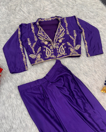 Designer purple Chinon silk fully stitched dhoti Indowestern set with sequin embroidery