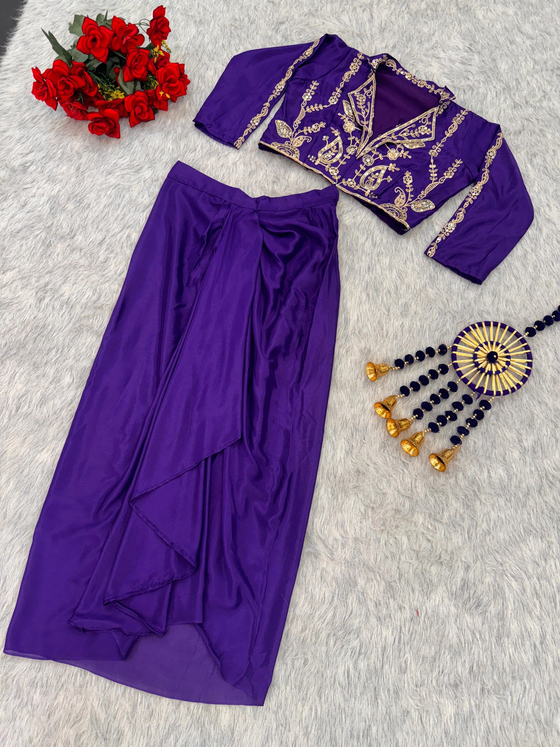 Designer purple Chinon silk dhoti indowestern with sequins embroidery and fully stitched blouse