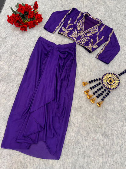 Designer purple Chinon silk dhoti indowestern with sequins embroidery and fully stitched blouse