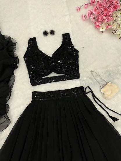 Delightful Black Georgette Lehenga With Sequence Blouse