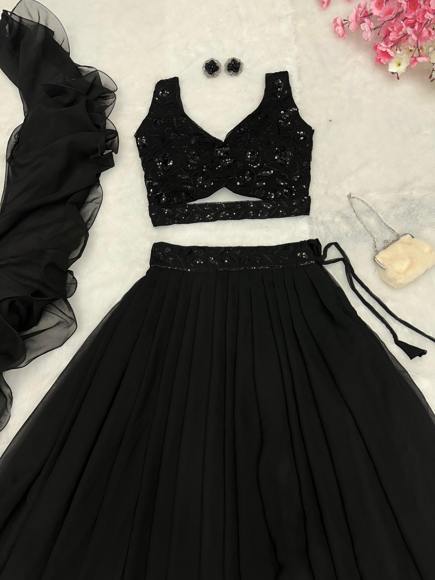 Delightful Black Georgette Lehenga With Sequence Blouse