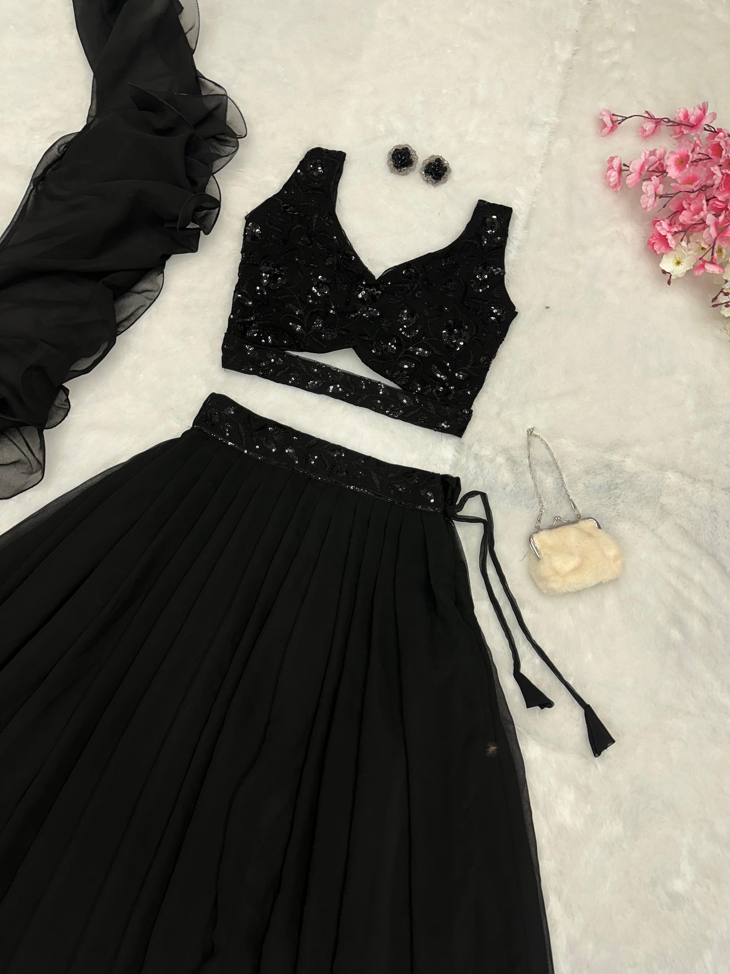Delightful Black Georgette Lehenga With Sequence Blouse
