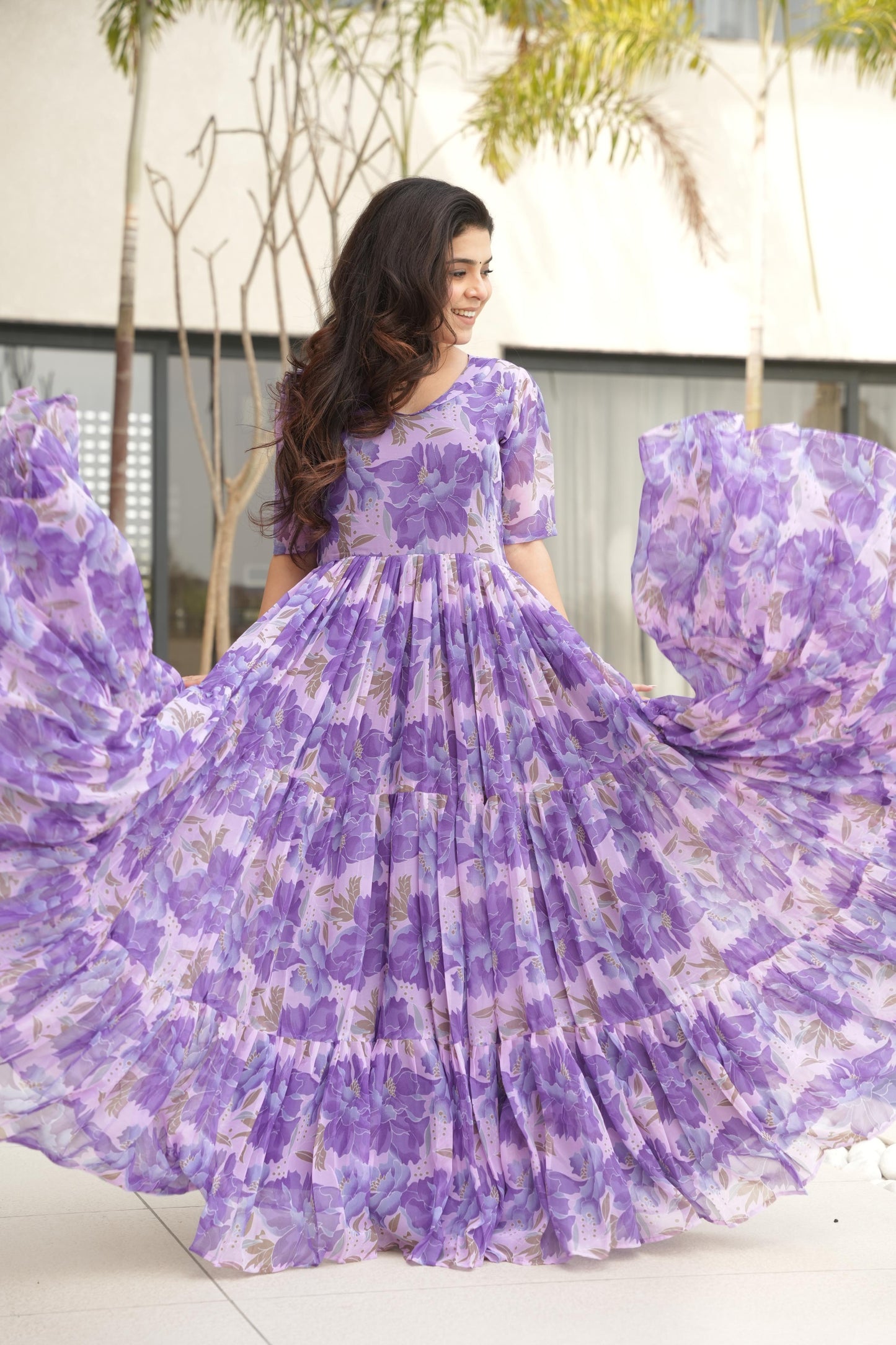 Designer Purple Floral Western Dress For Women