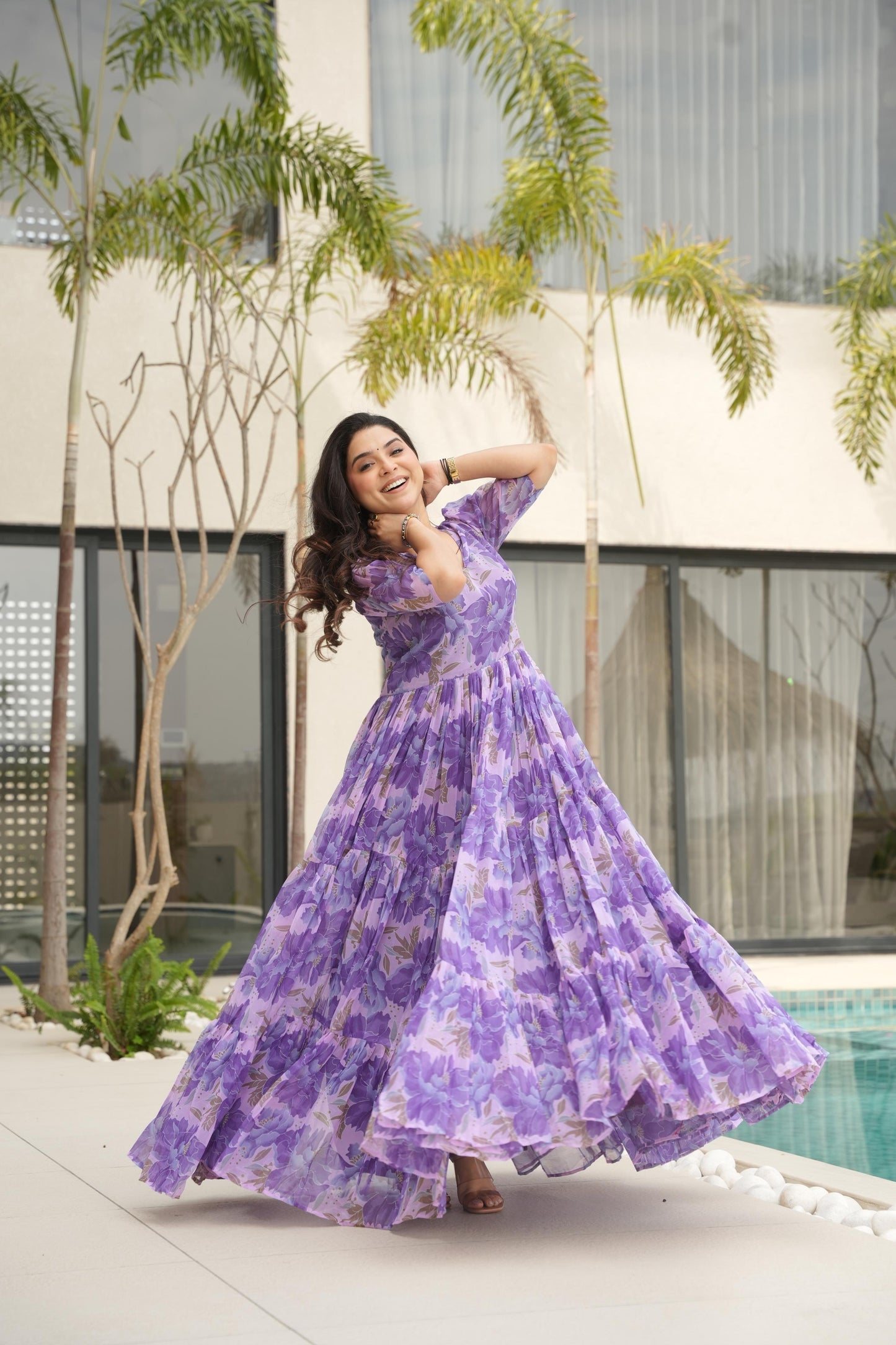 Designer Purple Floral Western Dress For Women