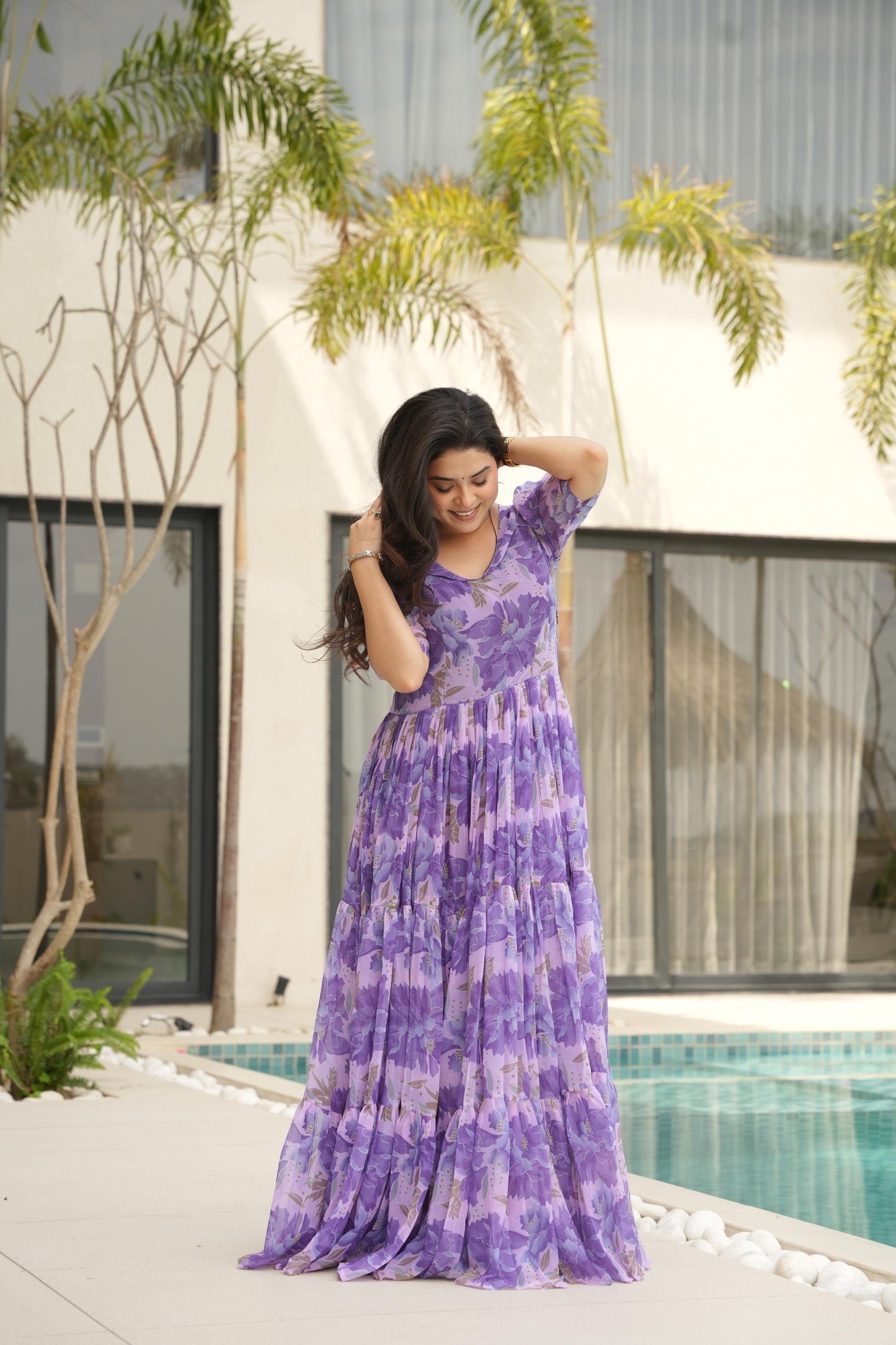 Designer Purple Floral Western Dress For Women