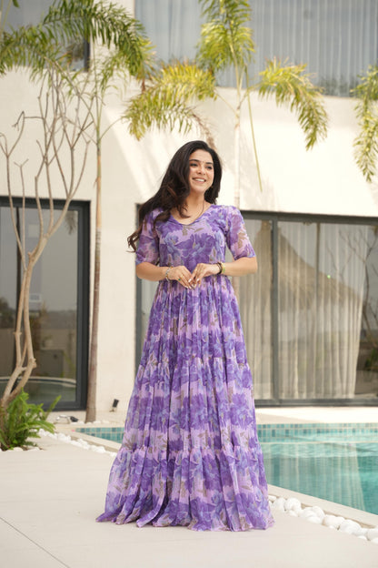 Designer Purple Floral Western Dress For Women