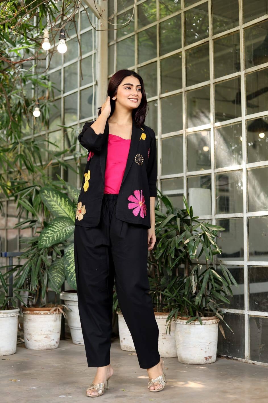 Black Linen Co-Ord Set with Bold Floral Applique
