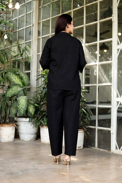 Black Linen Co-Ord Set with Bold Floral Applique