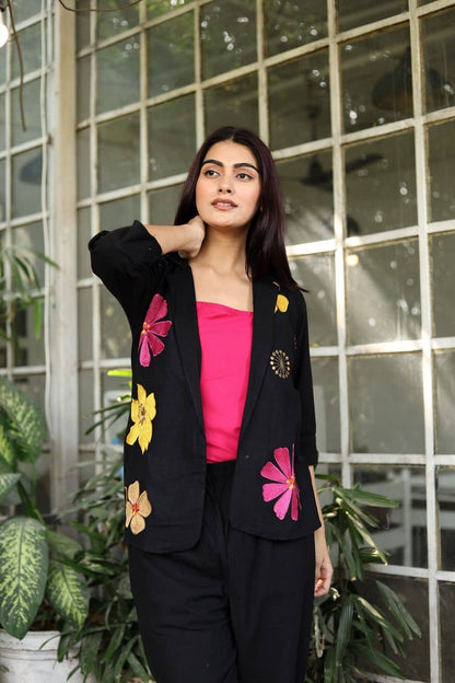 Black Linen Co-Ord Set with Bold Floral Applique