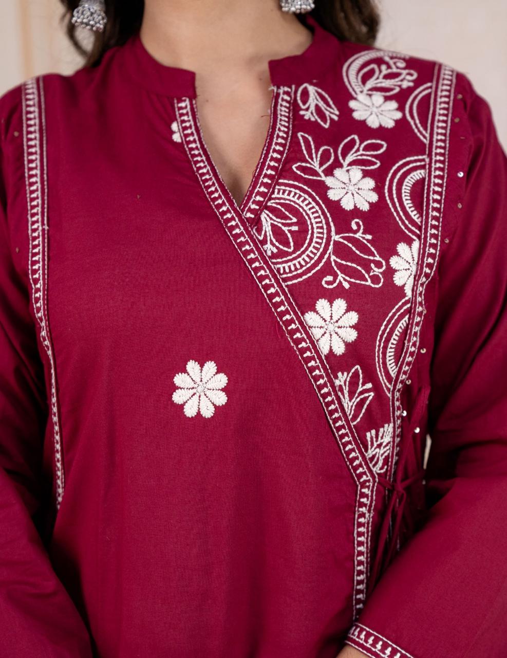 Pink Cotton Kurti Pant Set With Printed Dupatta