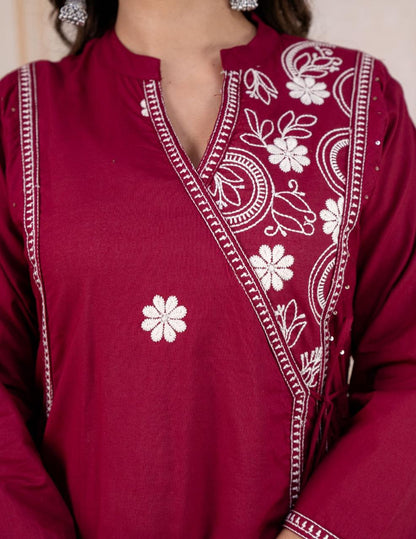 Pink Cotton Kurti Pant Set With Printed Dupatta