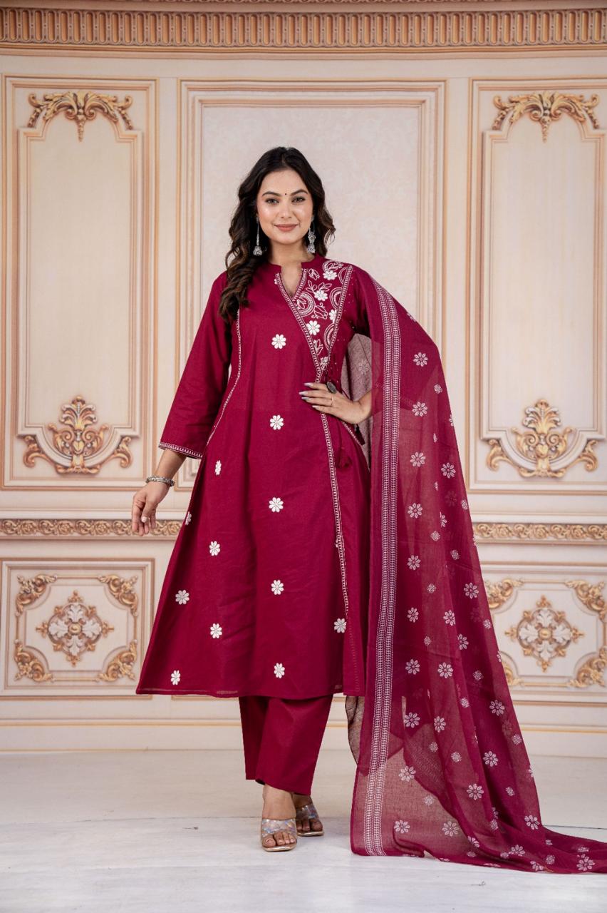 Pink Cotton Kurti Pant Set With Printed Dupatta