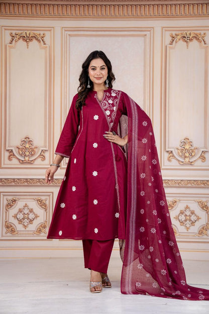 Pink Cotton Kurti Pant Set With Printed Dupatta