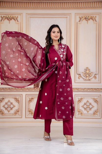 Pink Cotton Kurti Pant Set With Printed Dupatta