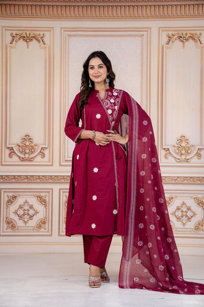 Pink Cotton Kurti Pant Set With Printed Dupatta