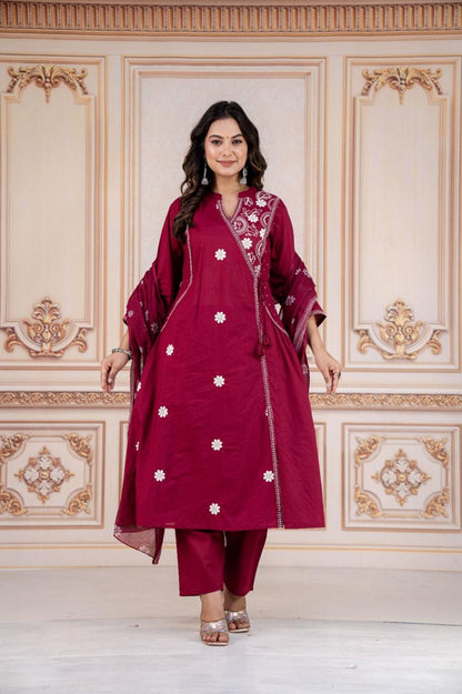 Pink Cotton Kurti Pant Set With Printed Dupatta