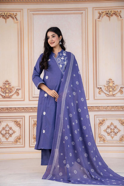 Designer Lavender Cotton Kurti Pant Set With Embroidery