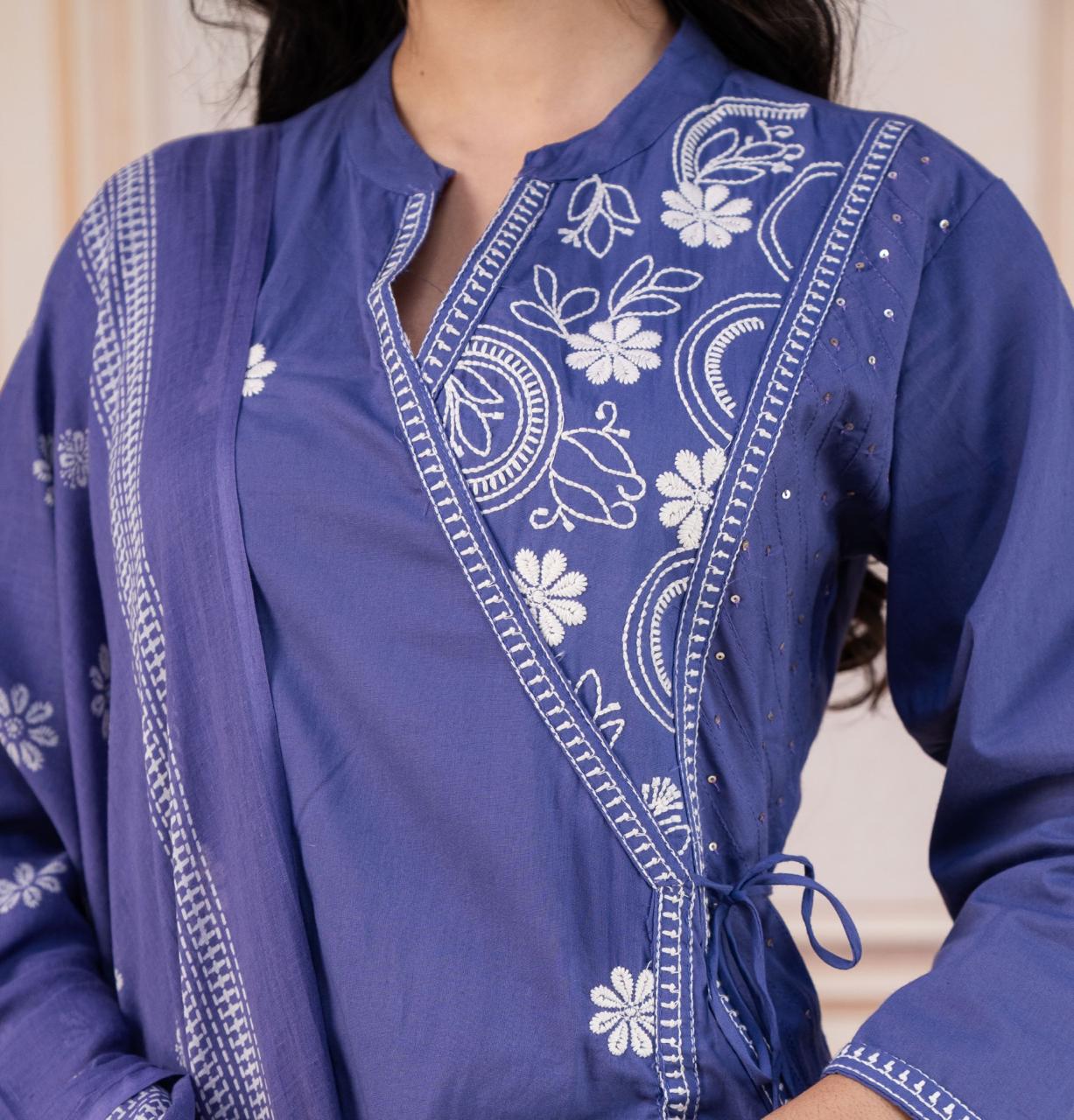 Designer Lavender Cotton Kurti Pant Set With Embroidery